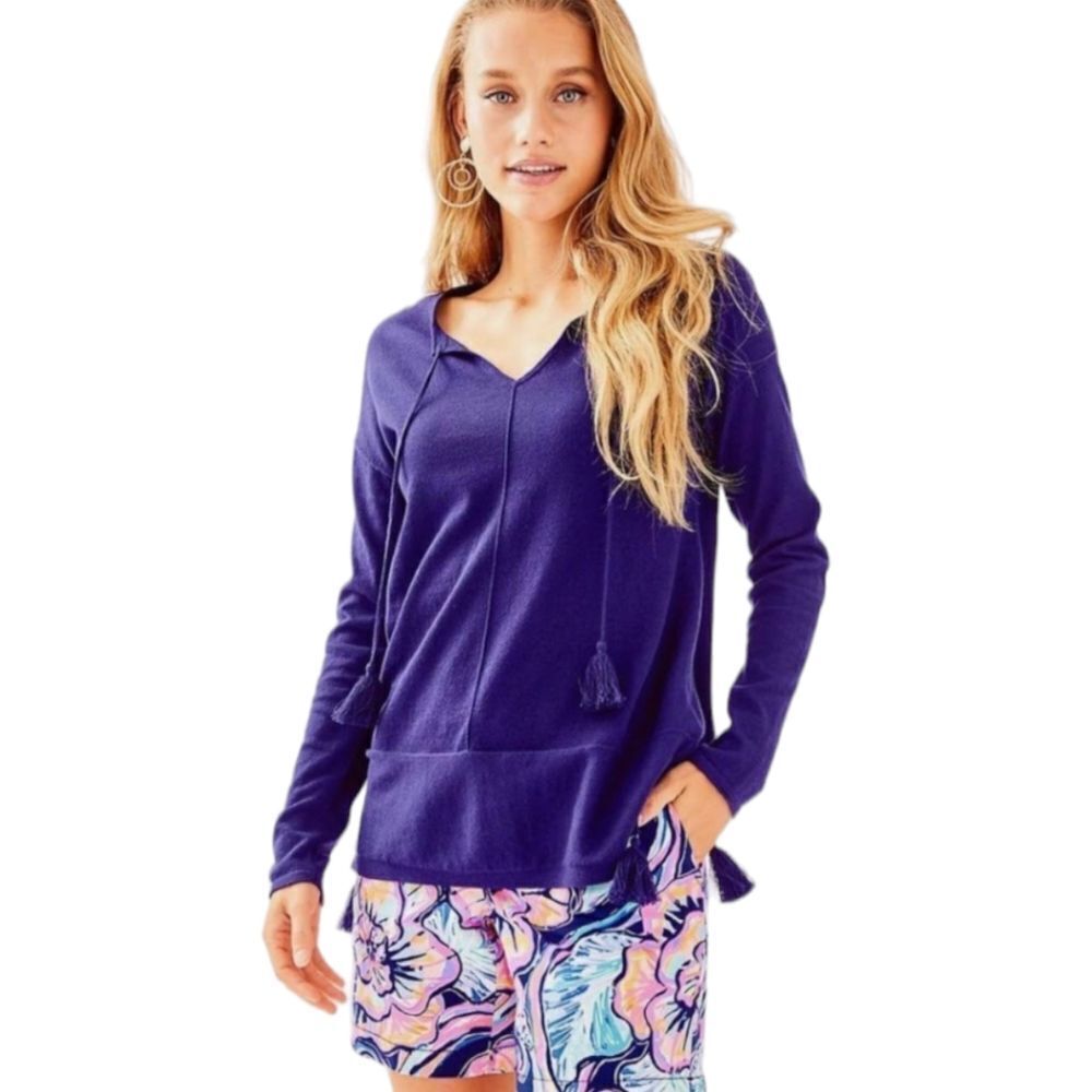 Lilly Pulitzer Oversized‎ Tasseled Colene Sweater Navy Blue Knit Lightweight S